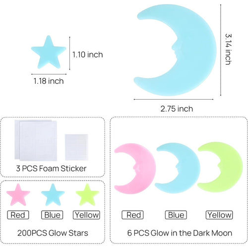 200 Pcs Glow in The Dark Luminous Colorful Stars and Pink Moon Fluorescent Noctilucent Plastic Wall Stickers Murals Decals for Home Art Decor Ceiling Wall Decorate Kids Babys Bedroom Room