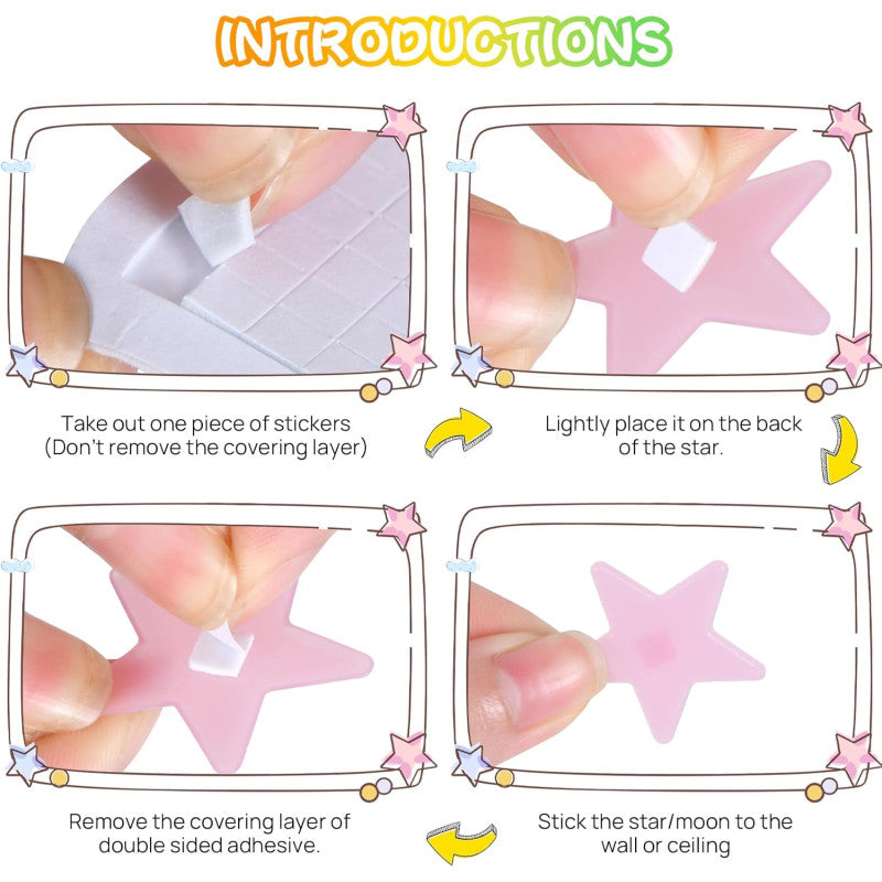 200 Pcs Glow in The Dark Luminous Colorful Stars and Pink Moon Fluorescent Noctilucent Plastic Wall Stickers Murals Decals for Home Art Decor Ceiling Wall Decorate Kids Babys Bedroom Room