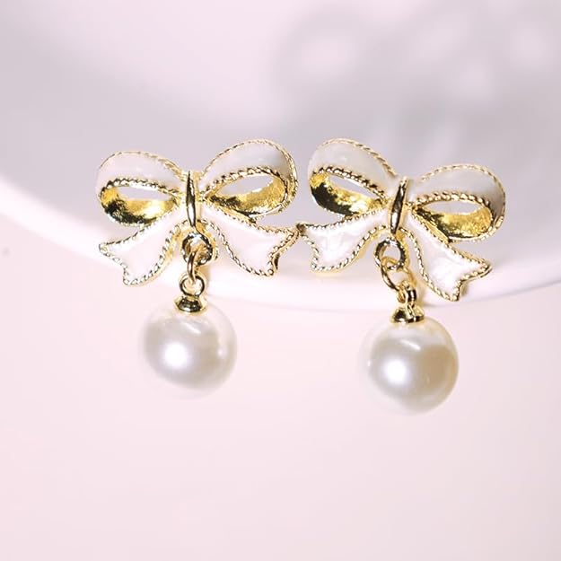 Gold Bow Earrings for Women, Long Tassel Chain Drop Earrings, Trendy Small Bow Earrings, Ribbon Waterfall Dangling Earrings, Pearl Bow Earrings, Sparkly Elegant Bowknot Preppy Jewelry Gifts for Women