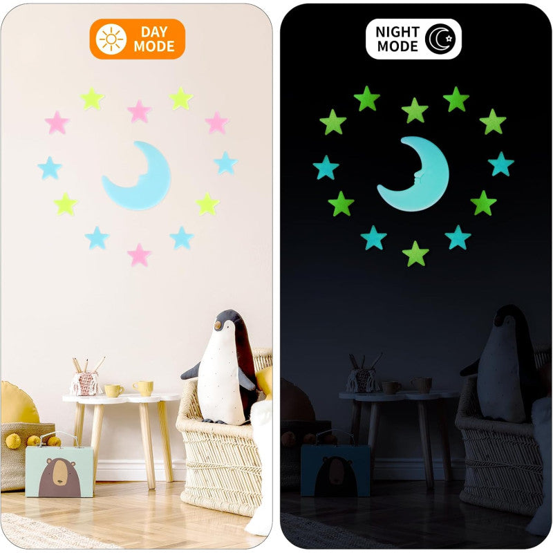 200 Pcs Glow in The Dark Luminous Colorful Stars and Pink Moon Fluorescent Noctilucent Plastic Wall Stickers Murals Decals for Home Art Decor Ceiling Wall Decorate Kids Babys Bedroom Room