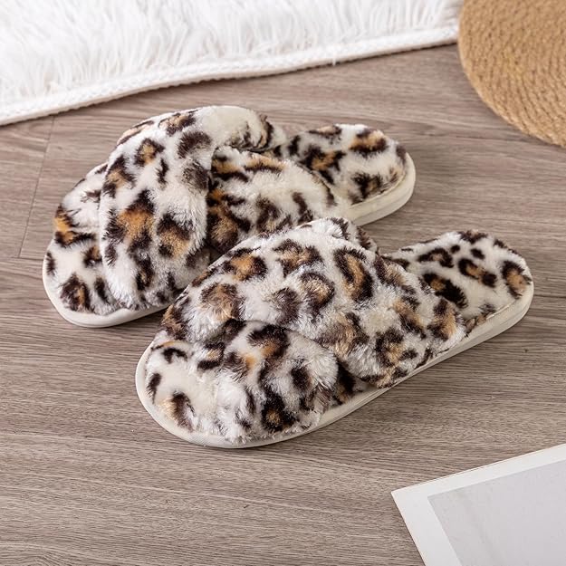 Women's Slipper Memory Foam Cross Band Fuzzy Slippers Open Toe Cozy House Slippers Cozy Plush Bedroom Indoor Outdoor